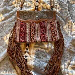 Myra Bag Brown Leather Fringe Crossbody with Multicolor Woven Front